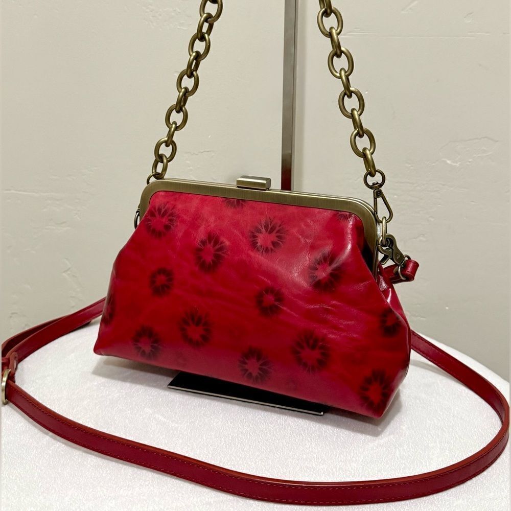 Red Cowhide Leather Handmade Push-lock Purse/Crossbody Includes  Small Clutch